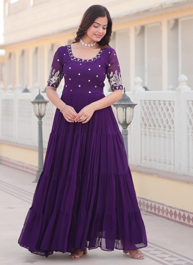 Faux Blooming  Purple Party Wear Zari Embroidery Work Readymade Gown